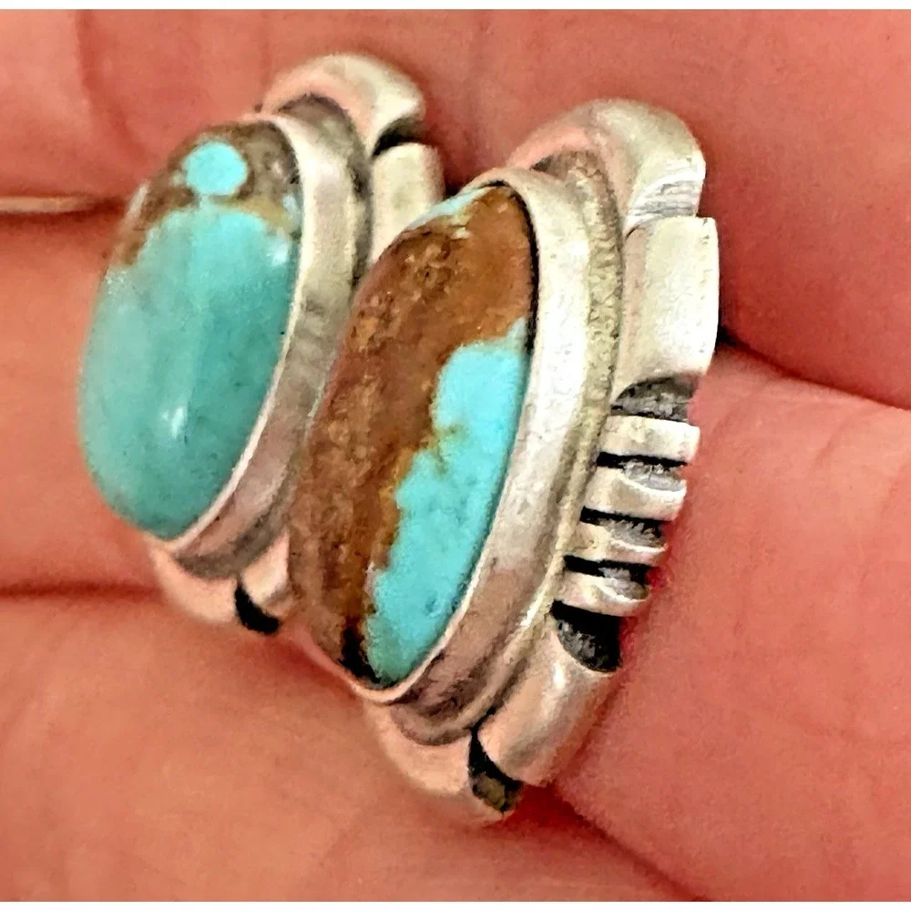 Turquoise Stud Earrings Navajo Native Sterling Silver 925 Signed 18mm‎ by 22mm
